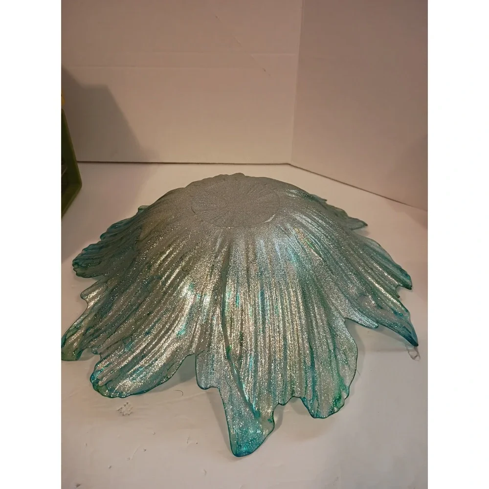 Teal and Silver Glitter Glass Flower Centerpiece Bowl Decorative Scalloped Dish